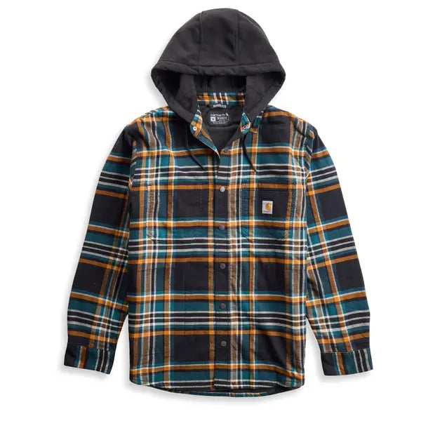 Carhartt Rugged Flex® Relaxed Fit Flannel Fleece Lined Hooded Shirt Jac Black Greenstone