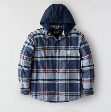 Carhartt Rugged Flex® Relaxed Fit Flannel Fleece Lined Hooded Shirt Jac Navy