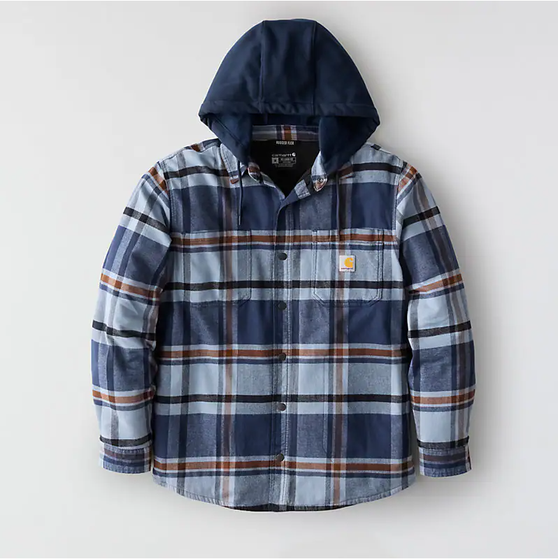 Carhartt Rugged Flex® Relaxed Fit Flannel Fleece Lined Hooded Shirt Jac Navy